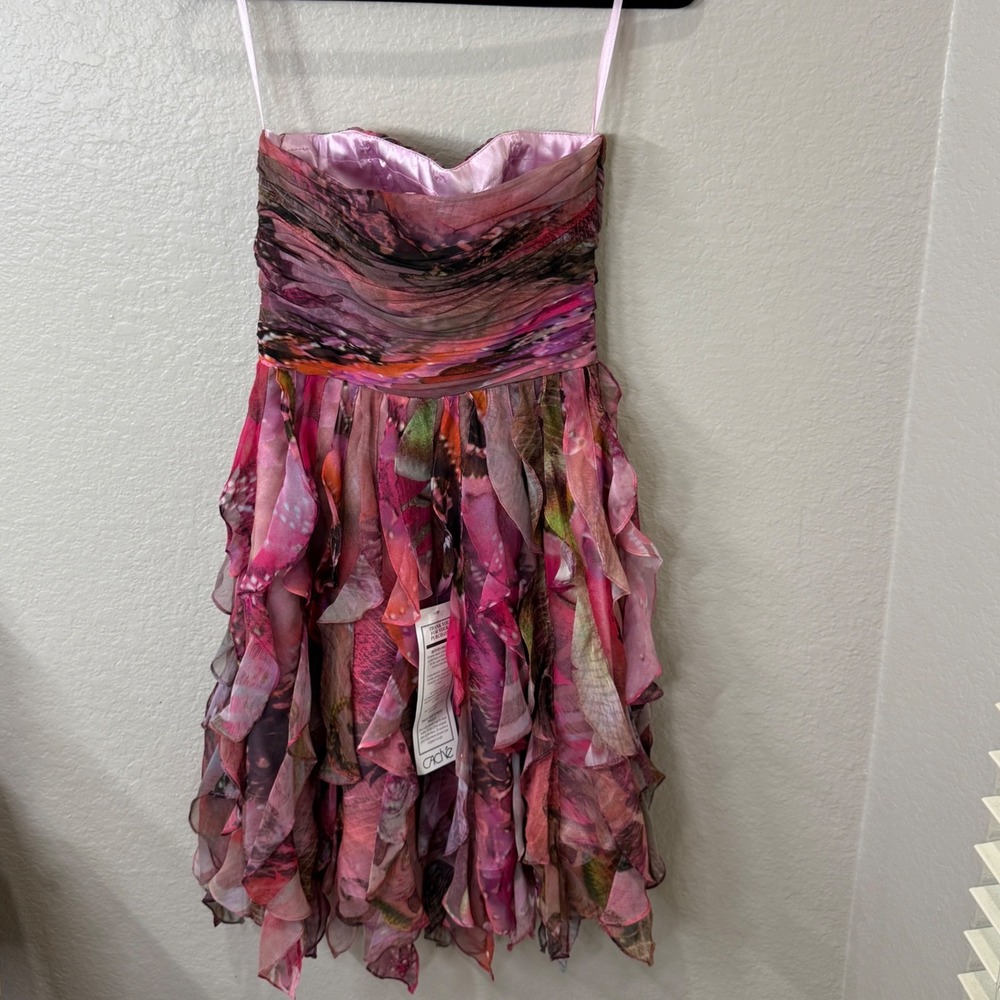 Cache Strapless Ruffle Mini Dress Pink Purple Floral Y2K Fantasy Fairycore Sz 4 - Picture 13 of 13